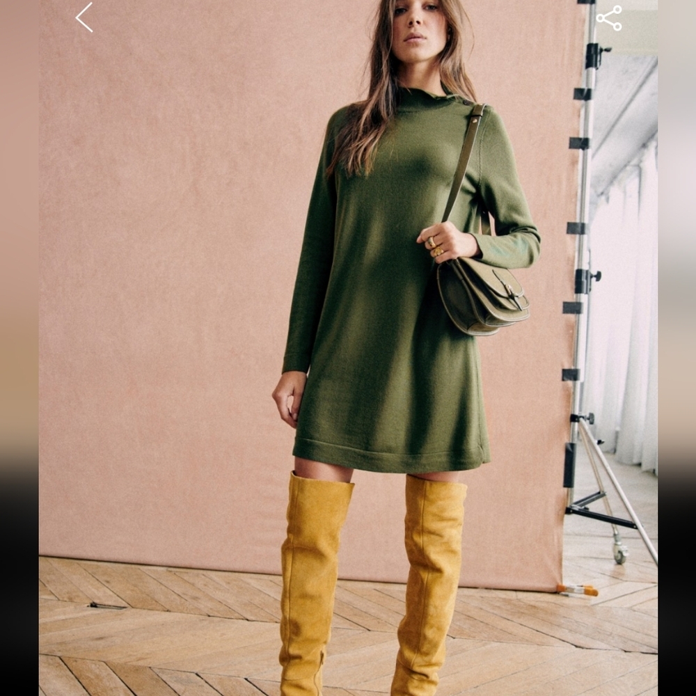 Sezane Jaelle Green 100%Merino Wool Dress